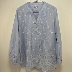 American Sweetheart Womens Cotton Pintuck Tunic Floral Embroidered Size L Boho